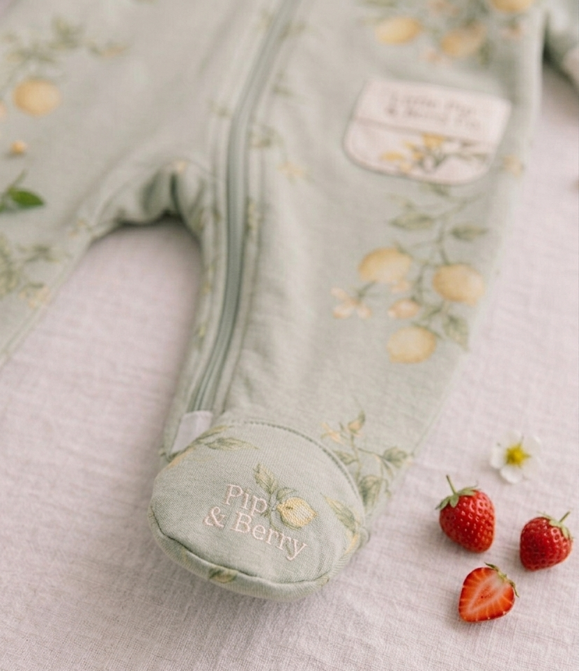 pip & berry sage green baby grow teaser with strawberries