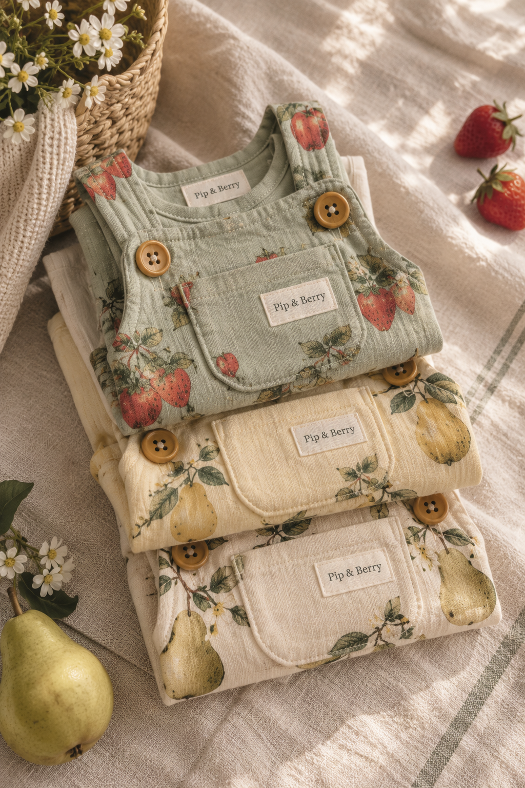 3 baby boy fruit dunagrees folded pile.
